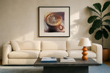 Life Begins After Coffee by Sue Schlabach. Displayed in a glass frame with matte in a clean modern living room. Available as an archival giclee rolled canvas, fine art paper, or poster print. SKU 14022a.