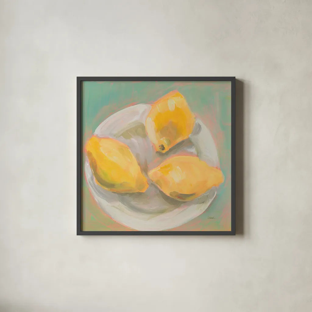 Life and Lemons I by Sue Schlabach. Shown in a sleek black glass frame for a contemporary gallery look. Available as an archival giclee rolled canvas, fine art paper, or poster print. SKU 63360a.
