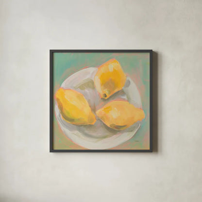 Life and Lemons I by Sue Schlabach. Shown in a sleek black glass frame for a contemporary gallery look. Available as an archival giclee rolled canvas, fine art paper, or poster print. SKU 63360a.