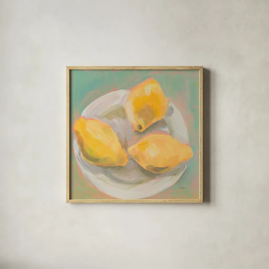 Life and Lemons I by Sue Schlabach. Shown in a natural wood glass frame for a timeless modern aesthetic. Available as an archival giclee rolled canvas, fine art paper, or poster print. SKU 63360a.