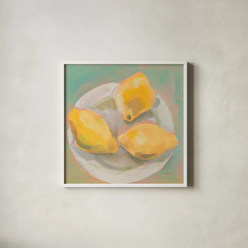 Life and Lemons I by Sue Schlabach. Shown in a crisp white glass frame for a clean and minimalist style. Available as an archival giclee rolled canvas, fine art paper, or poster print. SKU 63360a.