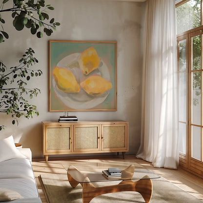 Life and Lemons I by Sue Schlabach. Shown in a natural wood frame in a cozy modern living room. Available as an archival giclee rolled canvas, fine art paper, or poster print. SKU 63360a.