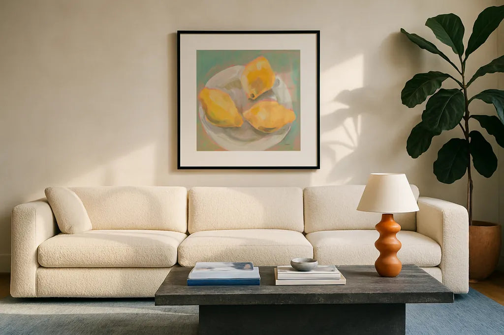 Life and Lemons I by Sue Schlabach. Displayed in a glass frame with matte in a clean modern living room. Available as an archival giclee rolled canvas, fine art paper, or poster print. SKU 63360a.