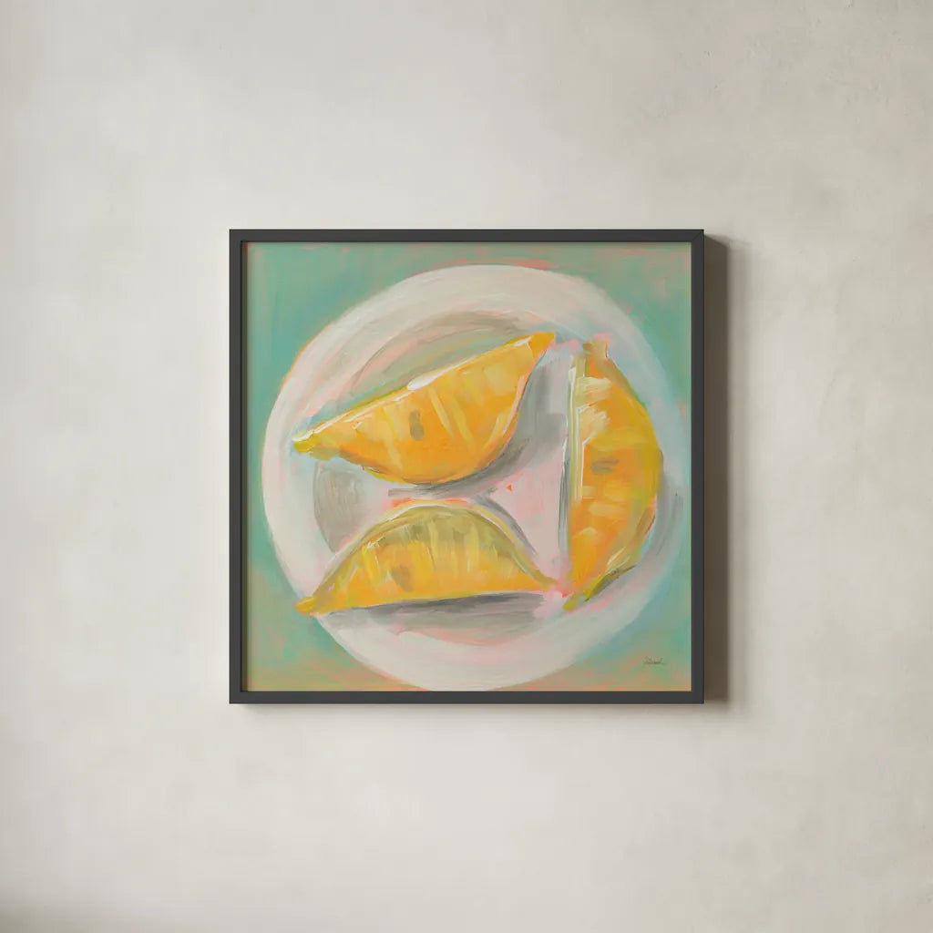 Life and Lemons II by Sue Schlabach. Shown in a sleek black glass frame for a contemporary gallery look. Available as an archival giclee rolled canvas, fine art paper, or poster print. SKU 63361a.