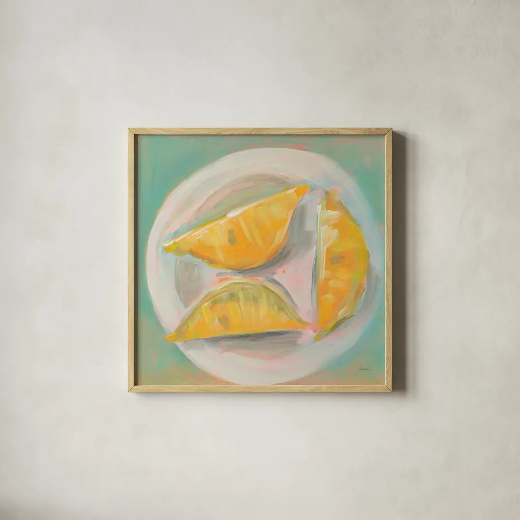 Life and Lemons II by Sue Schlabach. Shown in a natural wood glass frame for a timeless modern aesthetic. Available as an archival giclee rolled canvas, fine art paper, or poster print. SKU 63361a.