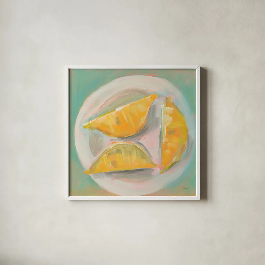 Life and Lemons II by Sue Schlabach. Shown in a crisp white glass frame for a clean and minimalist style. Available as an archival giclee rolled canvas, fine art paper, or poster print. SKU 63361a.