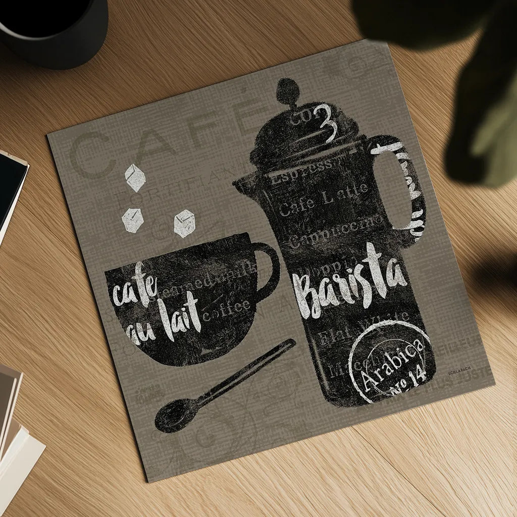 Linen Coffee II by Sue Schlabach. Shown as a detailed flat fine art print, highlighting archival giclee quality. Available as an archival giclee rolled canvas, fine art paper, or poster print. SKU 21875a.