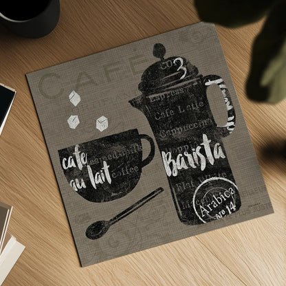 Linen Coffee II by Sue Schlabach. Shown as a detailed flat fine art print, highlighting archival giclee quality. Available as an archival giclee rolled canvas, fine art paper, or poster print. SKU 21875a.