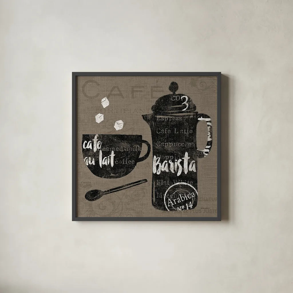 Linen Coffee II by Sue Schlabach. Shown in a sleek black glass frame for a contemporary gallery look. Available as an archival giclee rolled canvas, fine art paper, or poster print. SKU 21875a.