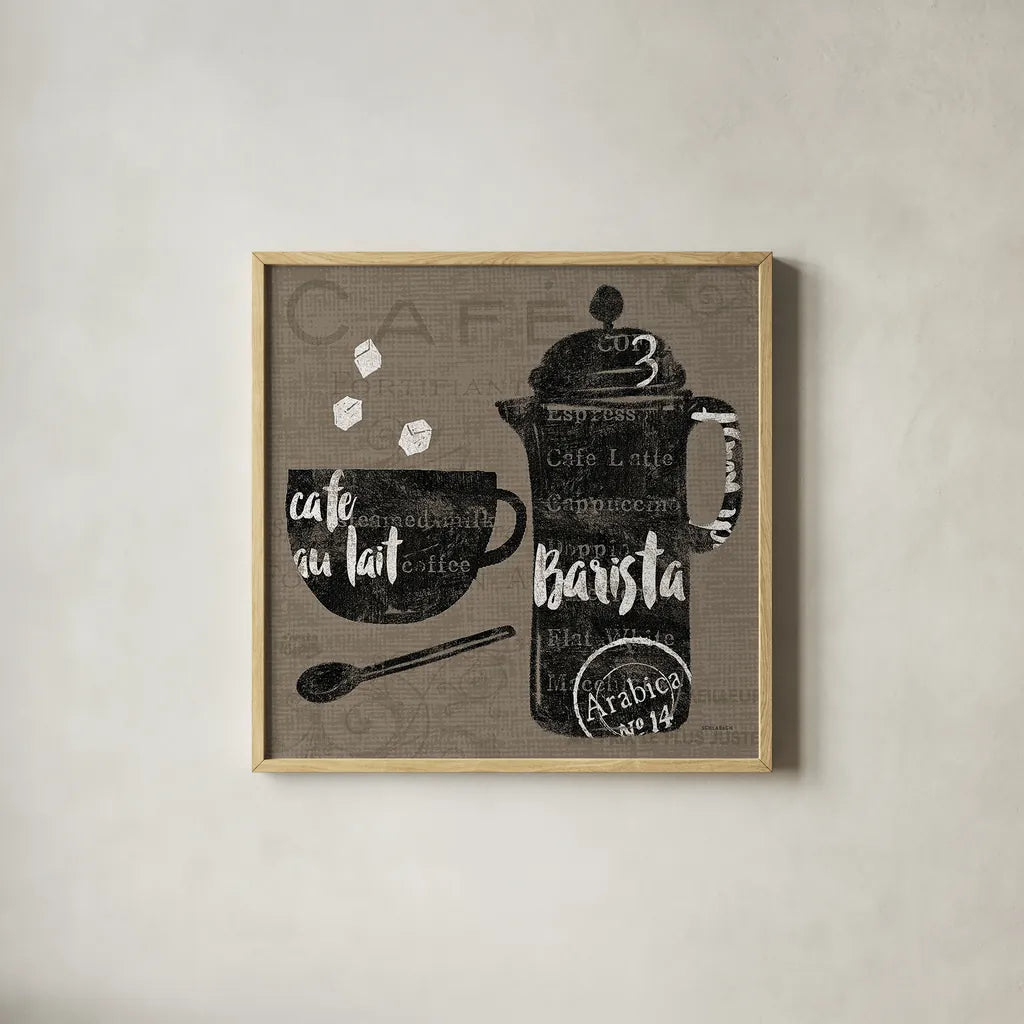 Linen Coffee II by Sue Schlabach. Shown in a natural wood glass frame for a timeless modern aesthetic. Available as an archival giclee rolled canvas, fine art paper, or poster print. SKU 21875a.