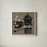Linen Coffee II by Sue Schlabach. Shown in a crisp white glass frame for a clean and minimalist style. Available as an archival giclee rolled canvas, fine art paper, or poster print. SKU 21875a.