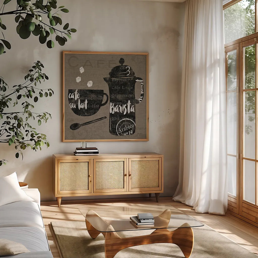 Linen Coffee II by Sue Schlabach. Shown in a natural wood frame in a cozy modern living room. Available as an archival giclee rolled canvas, fine art paper, or poster print. SKU 21875a.