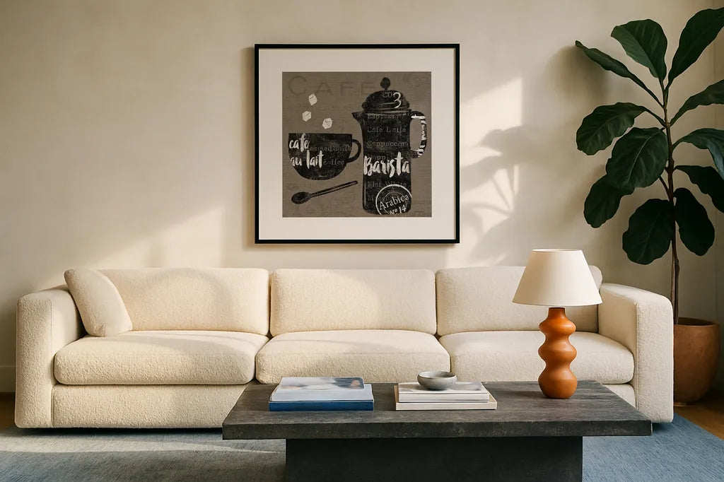 Linen Coffee II by Sue Schlabach. Displayed in a glass frame with matte in a clean modern living room. Available as an archival giclee rolled canvas, fine art paper, or poster print. SKU 21875a.