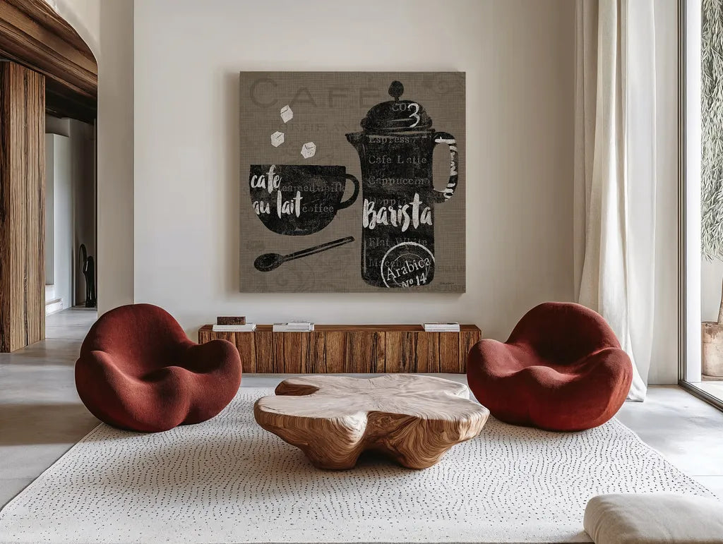 Linen Coffee II by Sue Schlabach. Shown as extra-large giant wall art in a modern living room. Available as an archival giclee rolled canvas, fine art paper, or poster print. SKU 21875a.