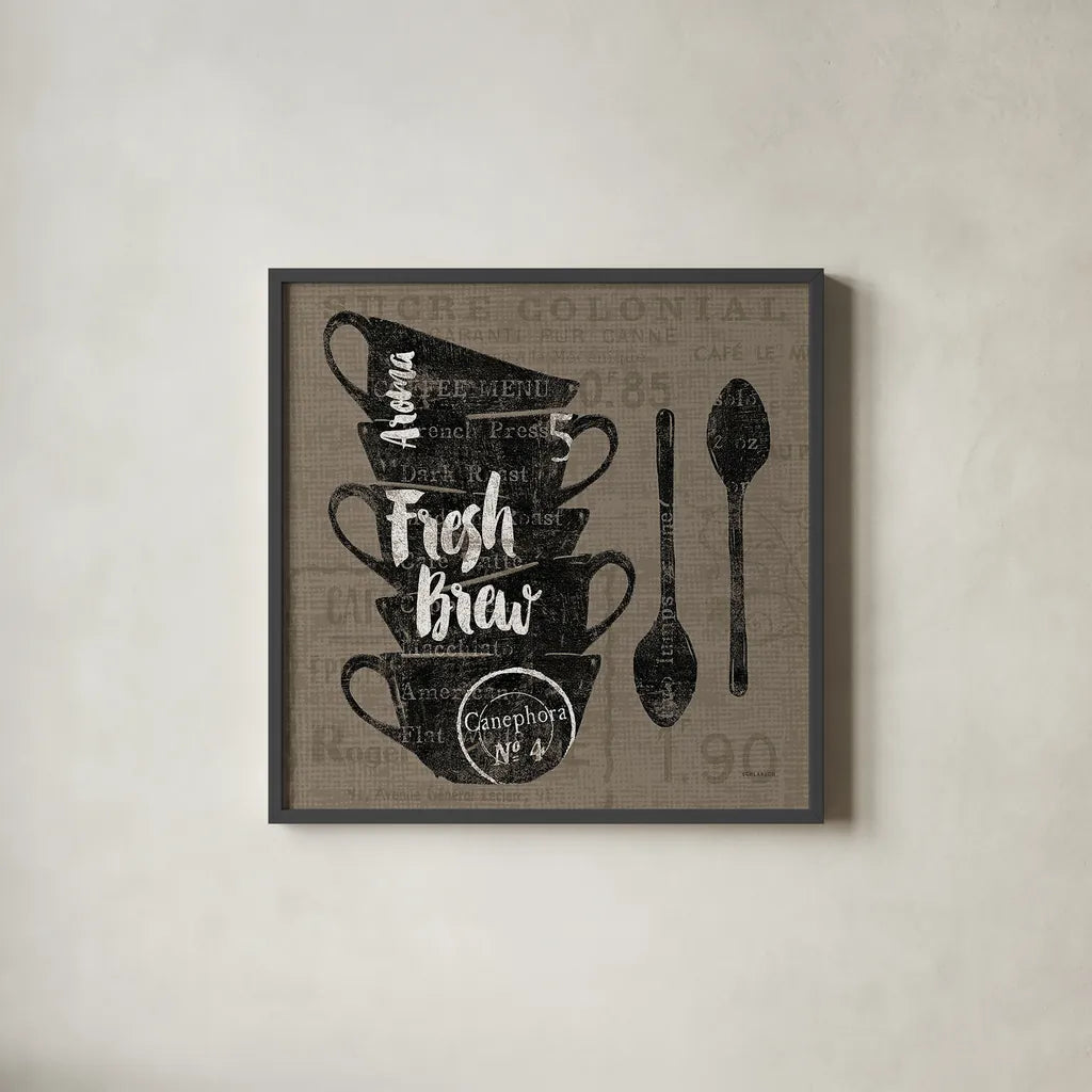 Linen Coffee III by Sue Schlabach. Shown in a sleek black glass frame for a contemporary gallery look. Available as an archival giclee rolled canvas, fine art paper, or poster print. SKU 21876a.