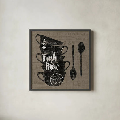 Linen Coffee III by Sue Schlabach. Shown in a sleek black glass frame for a contemporary gallery look. Available as an archival giclee rolled canvas, fine art paper, or poster print. SKU 21876a.