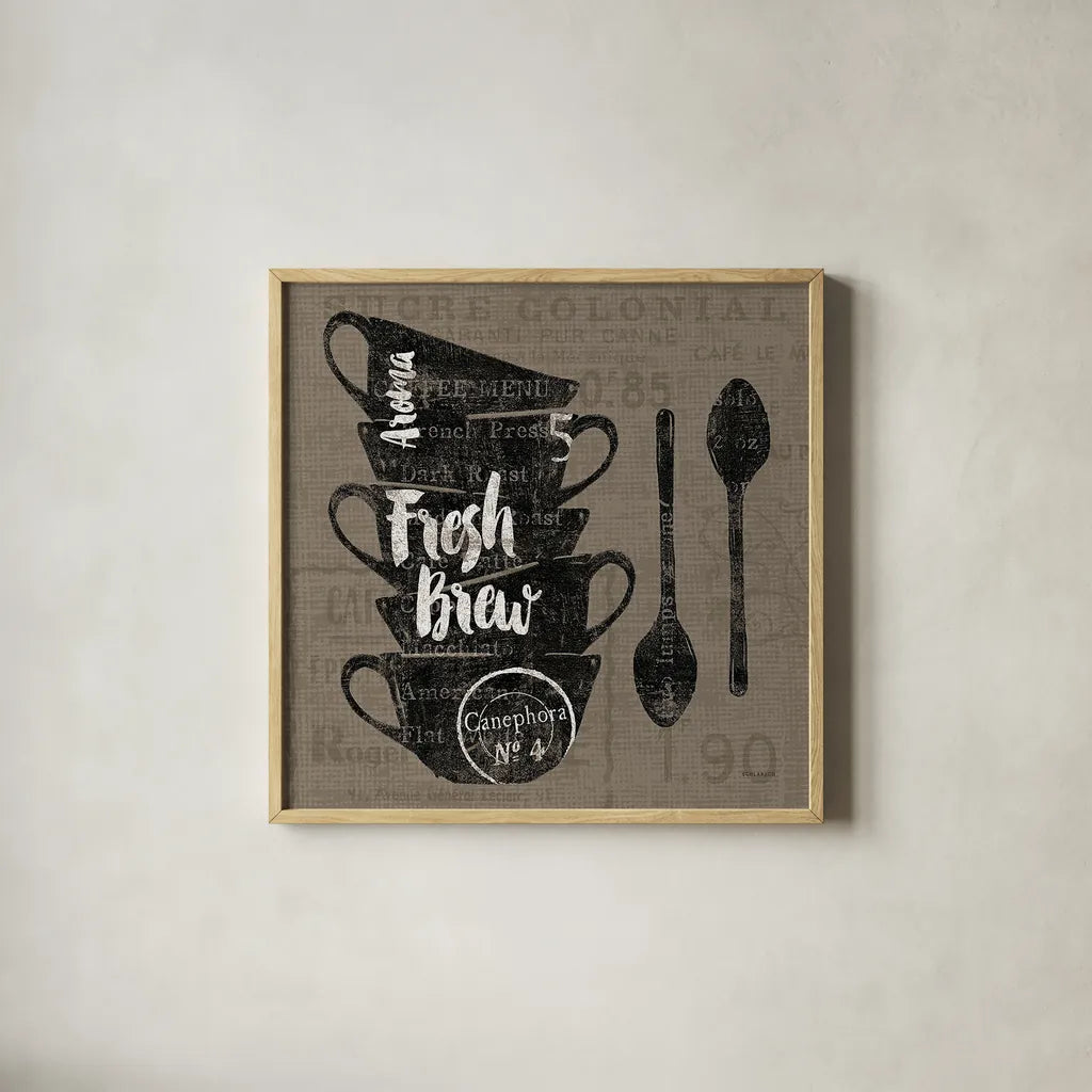 Linen Coffee III by Sue Schlabach. Shown in a natural wood glass frame for a timeless modern aesthetic. Available as an archival giclee rolled canvas, fine art paper, or poster print. SKU 21876a.