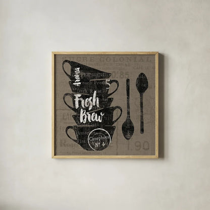 Linen Coffee III by Sue Schlabach. Shown in a natural wood glass frame for a timeless modern aesthetic. Available as an archival giclee rolled canvas, fine art paper, or poster print. SKU 21876a.