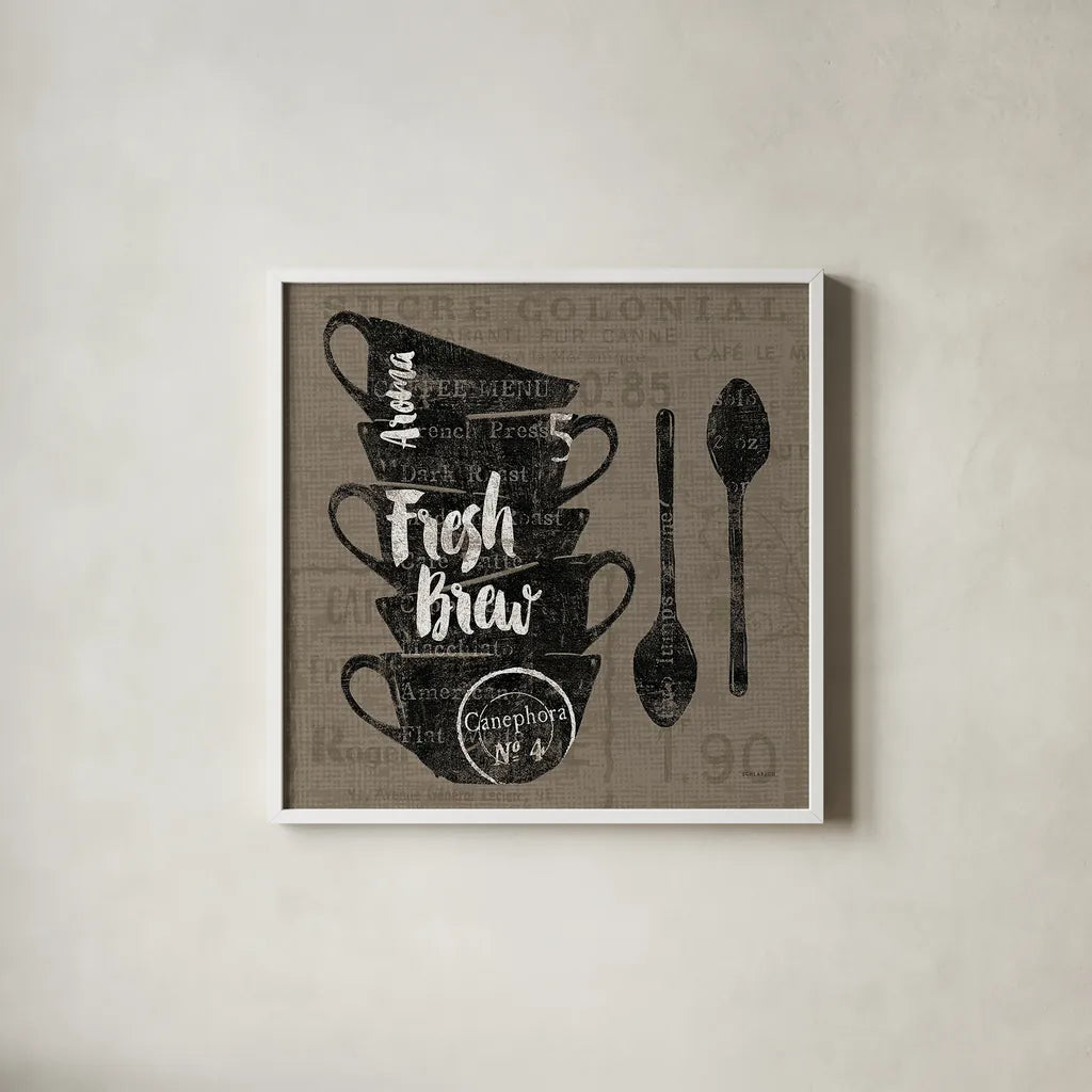 Linen Coffee III by Sue Schlabach. Shown in a crisp white glass frame for a clean and minimalist style. Available as an archival giclee rolled canvas, fine art paper, or poster print. SKU 21876a.