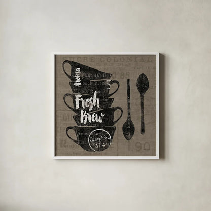 Linen Coffee III by Sue Schlabach. Shown in a crisp white glass frame for a clean and minimalist style. Available as an archival giclee rolled canvas, fine art paper, or poster print. SKU 21876a.