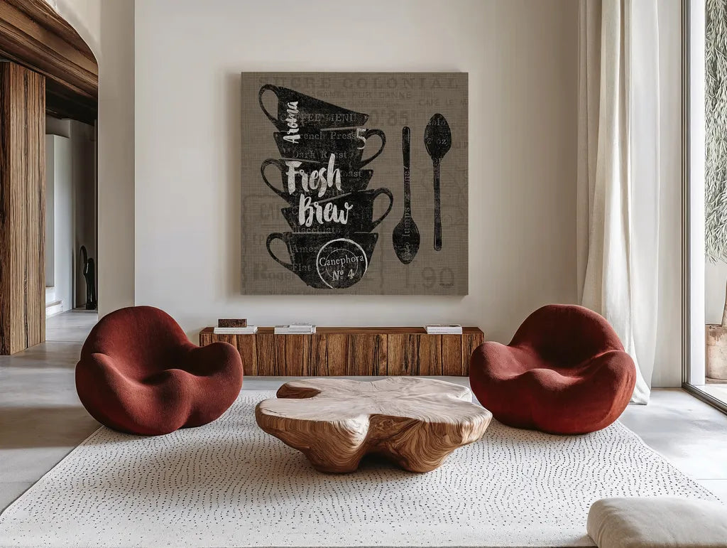 Linen Coffee III by Sue Schlabach. Shown as extra-large giant wall art in a modern living room. Available as an archival giclee rolled canvas, fine art paper, or poster print. SKU 21876a.