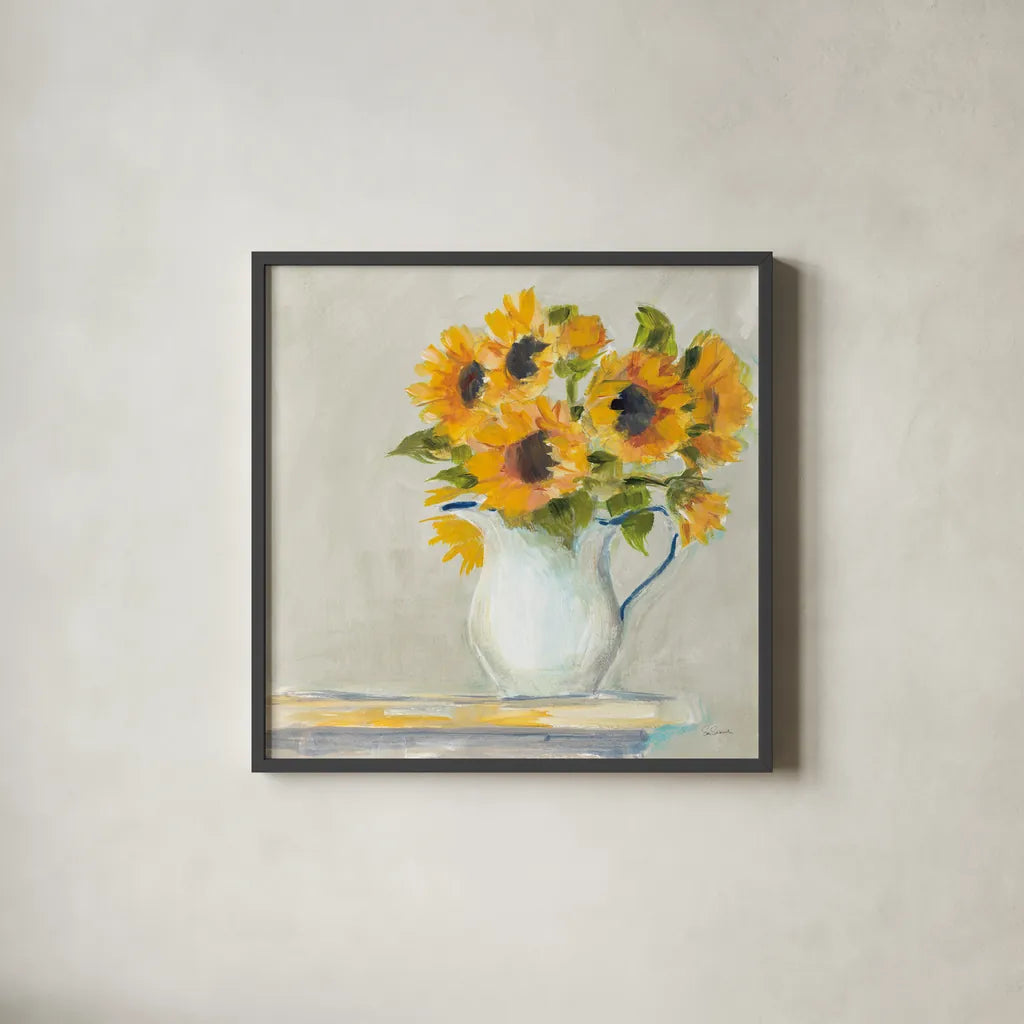 Lotties Sunflowers by Sue Schlabach. Shown in a sleek black glass frame for a contemporary gallery look. Available as an archival giclee rolled canvas, fine art paper, or poster print. SKU 68632a.