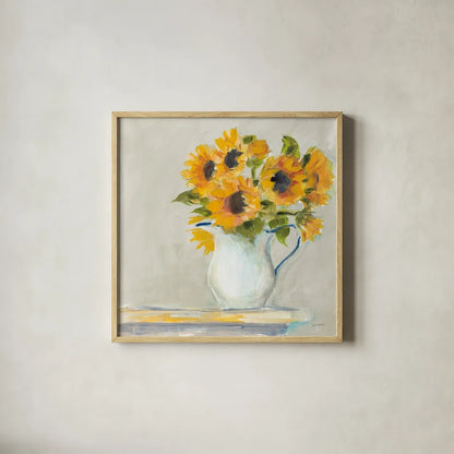 Lotties Sunflowers by Sue Schlabach. Shown in a natural wood glass frame for a timeless modern aesthetic. Available as an archival giclee rolled canvas, fine art paper, or poster print. SKU 68632a.