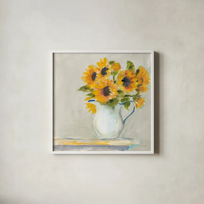 Lotties Sunflowers by Sue Schlabach. Shown in a crisp white glass frame for a clean and minimalist style. Available as an archival giclee rolled canvas, fine art paper, or poster print. SKU 68632a.