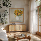 Lotties Sunflowers by Sue Schlabach. Shown in a natural wood frame in a cozy modern living room. Available as an archival giclee rolled canvas, fine art paper, or poster print. SKU 68632a.