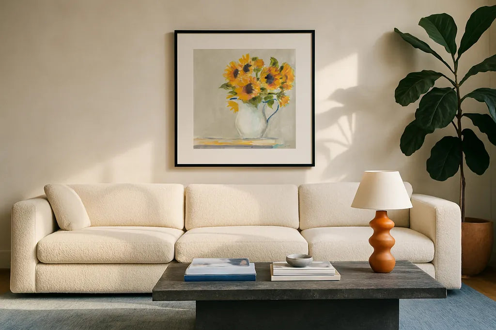 Lotties Sunflowers by Sue Schlabach. Displayed in a glass frame with matte in a clean modern living room. Available as an archival giclee rolled canvas, fine art paper, or poster print. SKU 68632a.