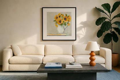 Lotties Sunflowers by Sue Schlabach. Displayed in a glass frame with matte in a clean modern living room. Available as an archival giclee rolled canvas, fine art paper, or poster print. SKU 68632a.
