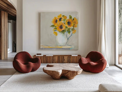Lotties Sunflowers by Sue Schlabach. Shown as extra-large giant wall art in a modern living room. Available as an archival giclee rolled canvas, fine art paper, or poster print. SKU 68632a.