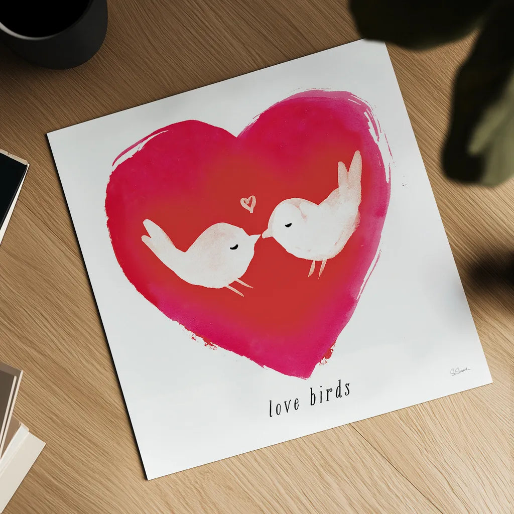 Love Birds by Sue Schlabach. Shown as a detailed flat fine art print, highlighting archival giclee quality. Available as an archival giclee rolled canvas, fine art paper, or poster print. SKU 49991a.