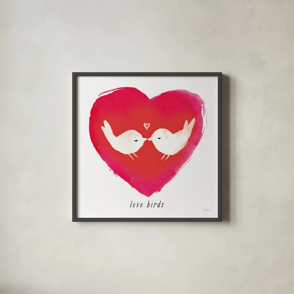 Love Birds by Sue Schlabach. Shown in a sleek black glass frame for a contemporary gallery look. Available as an archival giclee rolled canvas, fine art paper, or poster print. SKU 49991a.