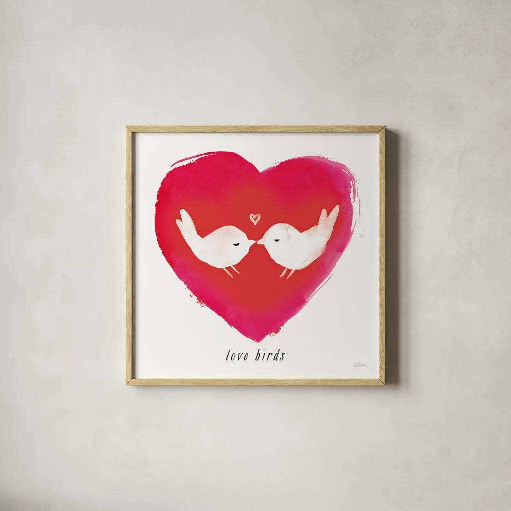 Love Birds by Sue Schlabach. Shown in a natural wood glass frame for a timeless modern aesthetic. Available as an archival giclee rolled canvas, fine art paper, or poster print. SKU 49991a.