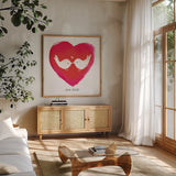 Love Birds by Sue Schlabach. Shown in a natural wood frame in a cozy modern living room. Available as an archival giclee rolled canvas, fine art paper, or poster print. SKU 49991a.