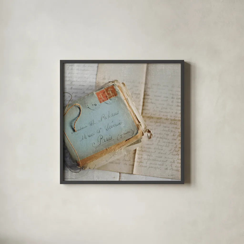 Love Letters I by Sue Schlabach. Shown in a sleek black glass frame for a contemporary gallery look. Available as an archival giclee rolled canvas, fine art paper, or poster print. SKU 17407a.