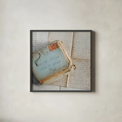 Love Letters I by Sue Schlabach. Shown in a sleek black glass frame for a contemporary gallery look. Available as an archival giclee rolled canvas, fine art paper, or poster print. SKU 17407a.