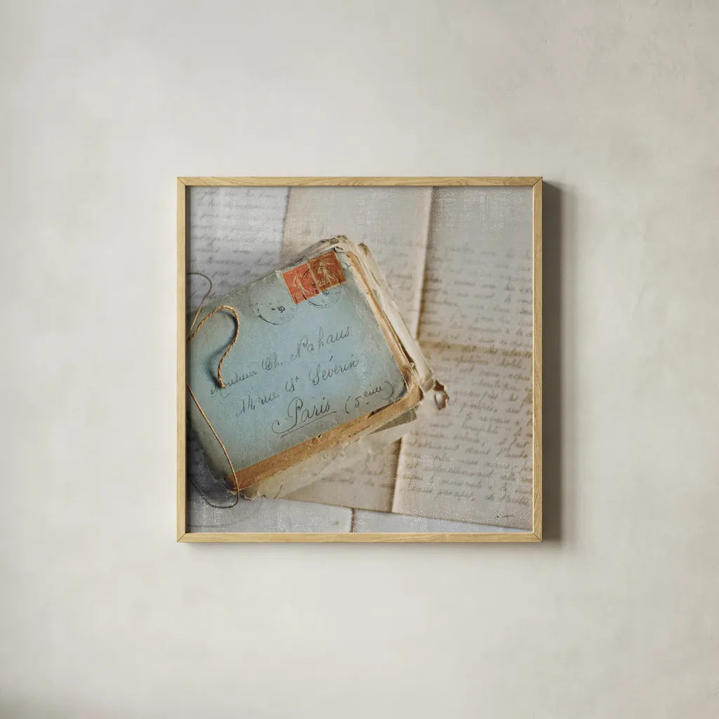 Love Letters I by Sue Schlabach. Shown in a natural wood glass frame for a timeless modern aesthetic. Available as an archival giclee rolled canvas, fine art paper, or poster print. SKU 17407a.