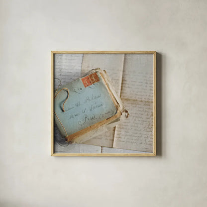 Love Letters I by Sue Schlabach. Shown in a natural wood glass frame for a timeless modern aesthetic. Available as an archival giclee rolled canvas, fine art paper, or poster print. SKU 17407a.