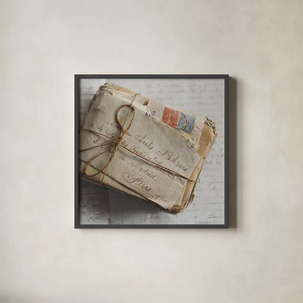 Love Letters II by Sue Schlabach. Shown in a sleek black glass frame for a contemporary gallery look. Available as an archival giclee rolled canvas, fine art paper, or poster print. SKU 17408a.