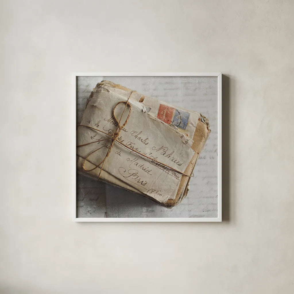 Love Letters II by Sue Schlabach. Shown in a crisp white glass frame for a clean and minimalist style. Available as an archival giclee rolled canvas, fine art paper, or poster print. SKU 17408a.