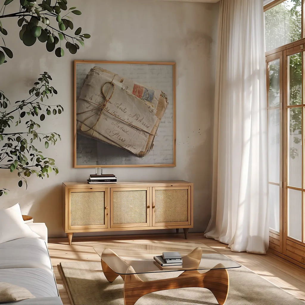 Love Letters II by Sue Schlabach. Shown in a natural wood frame in a cozy modern living room. Available as an archival giclee rolled canvas, fine art paper, or poster print. SKU 17408a.