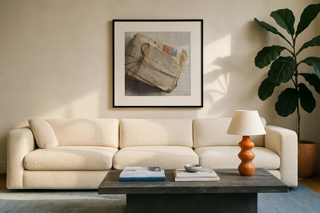 Love Letters II by Sue Schlabach. Displayed in a glass frame with matte in a clean modern living room. Available as an archival giclee rolled canvas, fine art paper, or poster print. SKU 17408a.