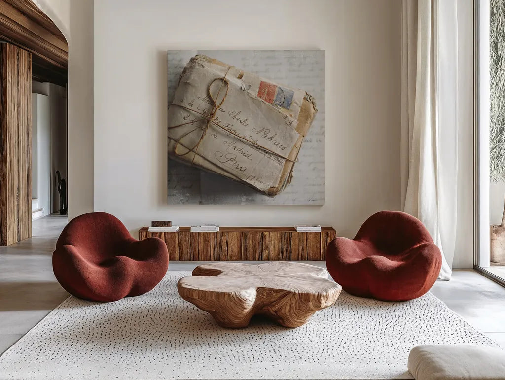 Love Letters II by Sue Schlabach. Shown as extra-large giant wall art in a modern living room. Available as an archival giclee rolled canvas, fine art paper, or poster print. SKU 17408a.