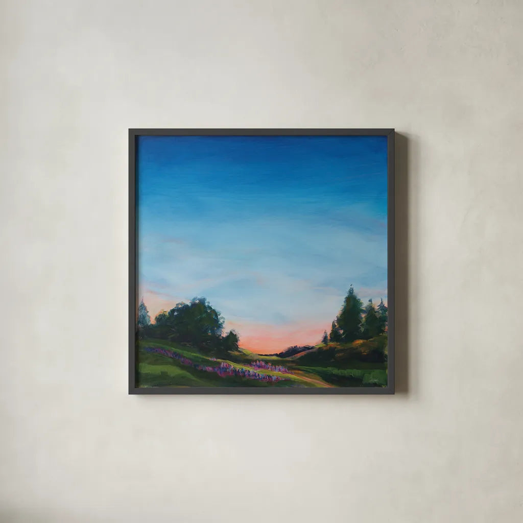 Lupine Evening by Sue Schlabach. Shown in a sleek black glass frame for a contemporary gallery look. Available as an archival giclee rolled canvas, fine art paper, or poster print. SKU 83144a.