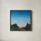 Lupine Evening by Sue Schlabach. Shown in a sleek black glass frame for a contemporary gallery look. Available as an archival giclee rolled canvas, fine art paper, or poster print. SKU 83144a.