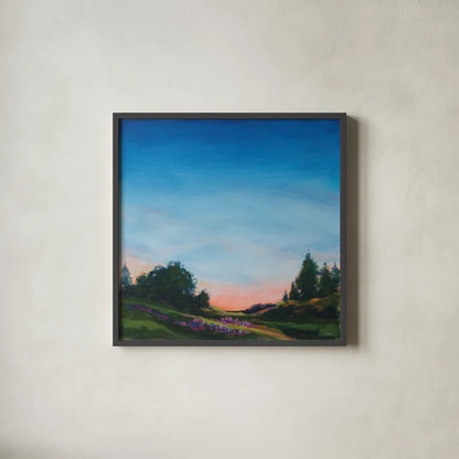 Lupine Evening by Sue Schlabach. Shown in a sleek black glass frame for a contemporary gallery look. Available as an archival giclee rolled canvas, fine art paper, or poster print. SKU 83144a.