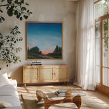 Lupine Evening by Sue Schlabach. Shown in a natural wood frame in a cozy modern living room. Available as an archival giclee rolled canvas, fine art paper, or poster print. SKU 83144a.