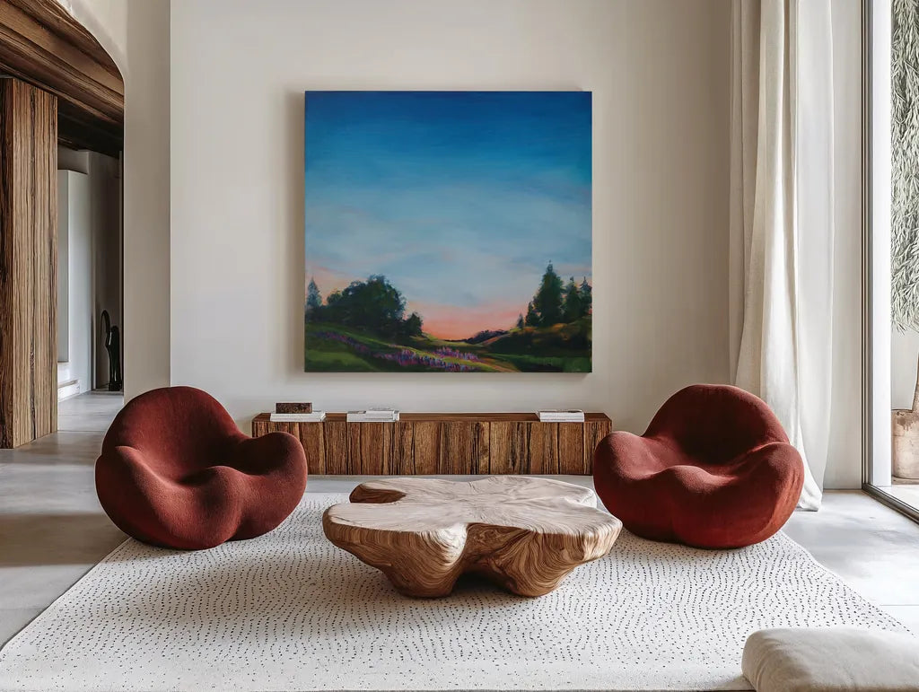 Lupine Evening by Sue Schlabach. Shown as extra-large giant wall art in a modern living room. Available as an archival giclee rolled canvas, fine art paper, or poster print. SKU 83144a.